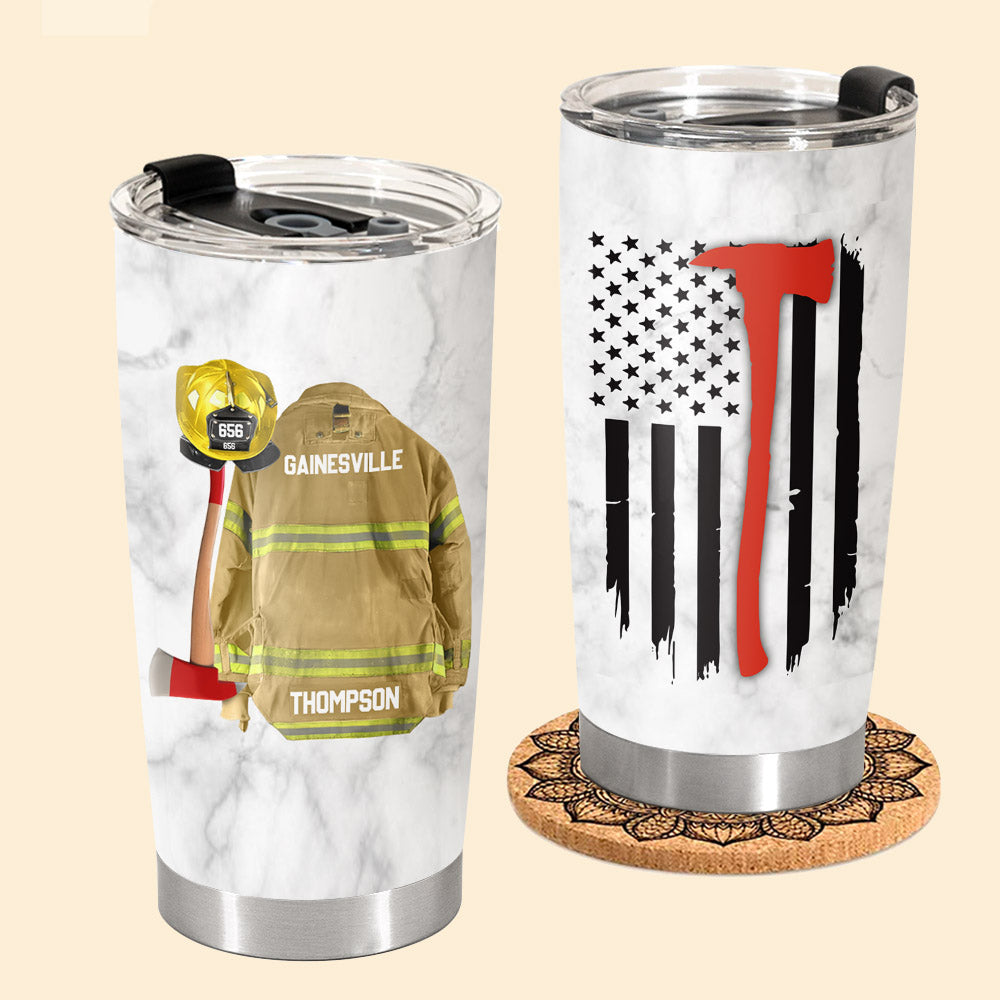 American Flag Fire Armor Tumbler For Proud Firefighter Custom Name And Number Gift For Firefighter Fireman