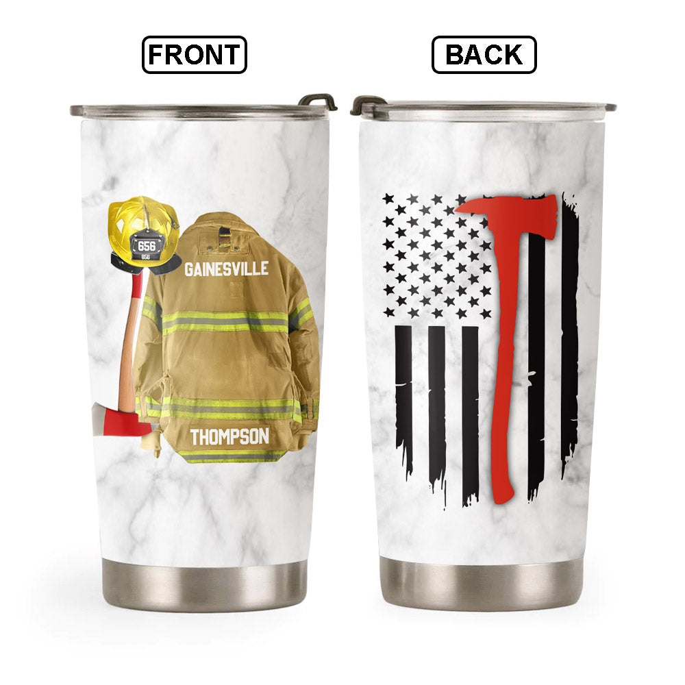 American Flag Fire Armor Tumbler For Proud Firefighter Custom Name And Number Gift For Firefighter Fireman