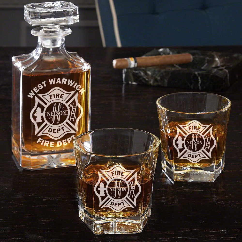 Personalized Firefighter Decanter Set Custom Fire Department with Monogram for Firefighter Gift H2511