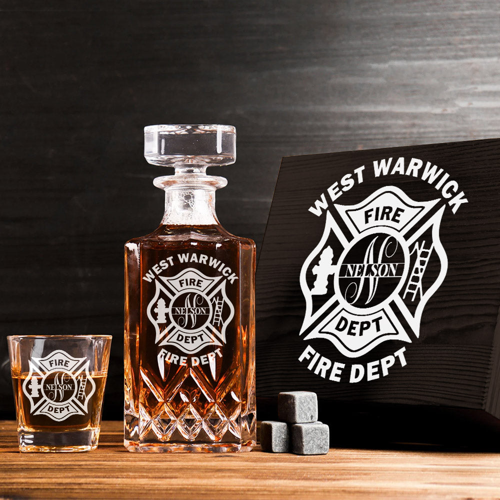Personalized Firefighter Decanter Set Custom Fire Department with Monogram for Firefighter Gift H2511