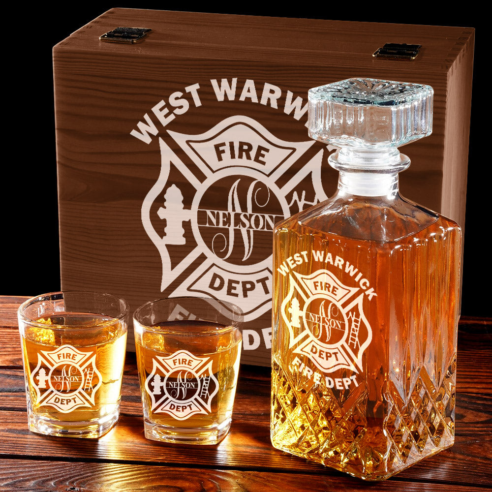 Personalized Firefighter Decanter Set Custom Fire Department with Monogram for Firefighter Gift H2511