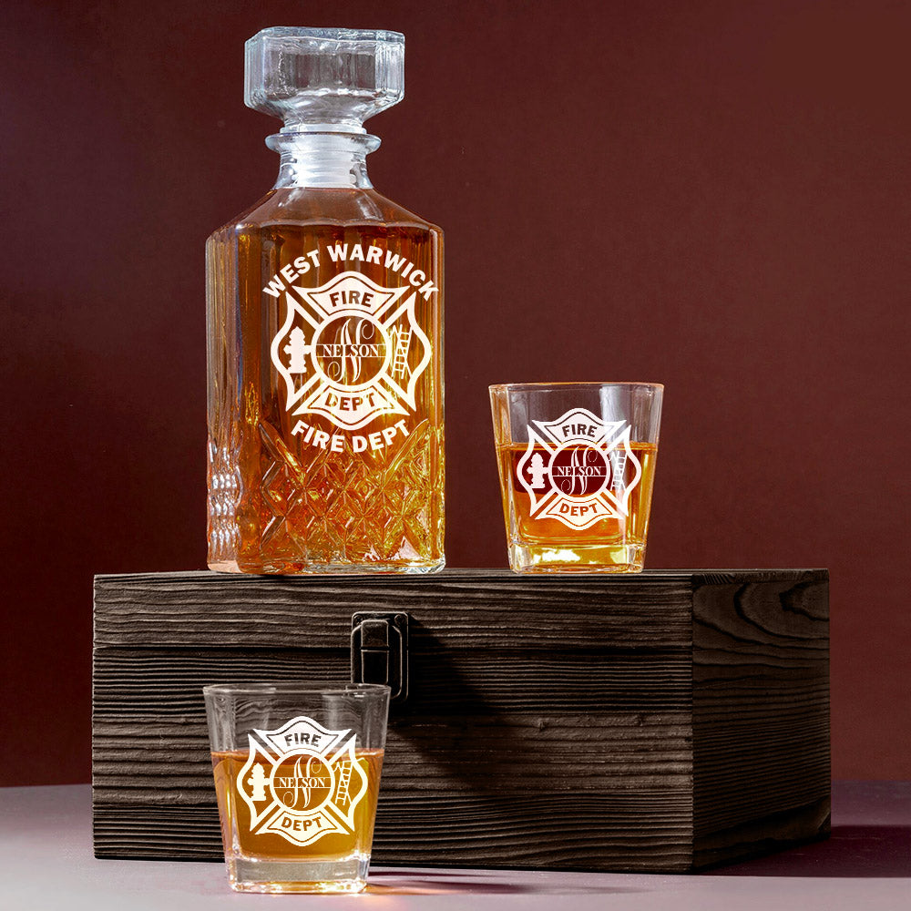 Personalized Firefighter Decanter Set Custom Fire Department with Monogram for Firefighter Gift H2511