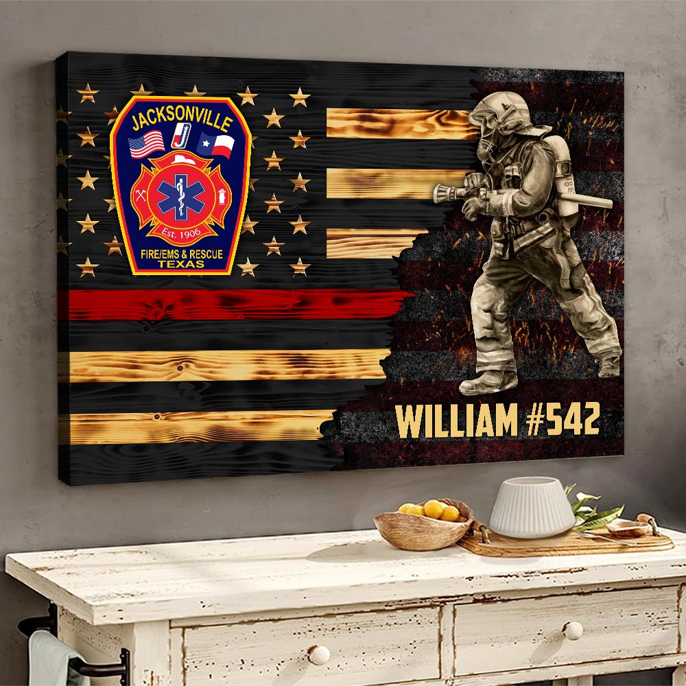 Personalized Poster Canvas For Firefighter Custom Logo Name Number Poster Canvas For Firefighter Half Thin Red Line Fireman H2511 Trhn