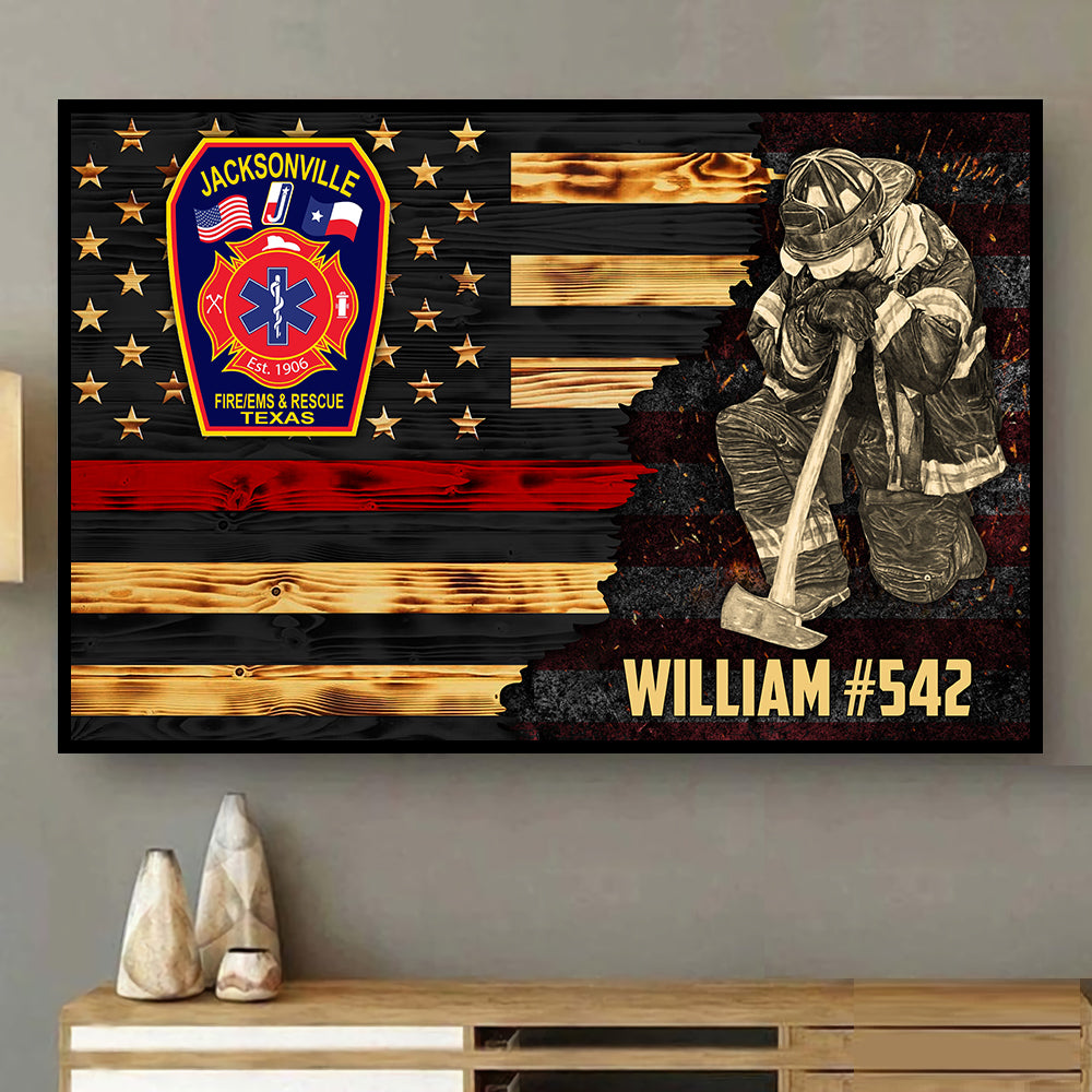 Personalized Poster Canvas For Firefighter Custom Logo Name Number Poster Canvas For Firefighter Half Thin Red Line Fireman H2511 Trhn