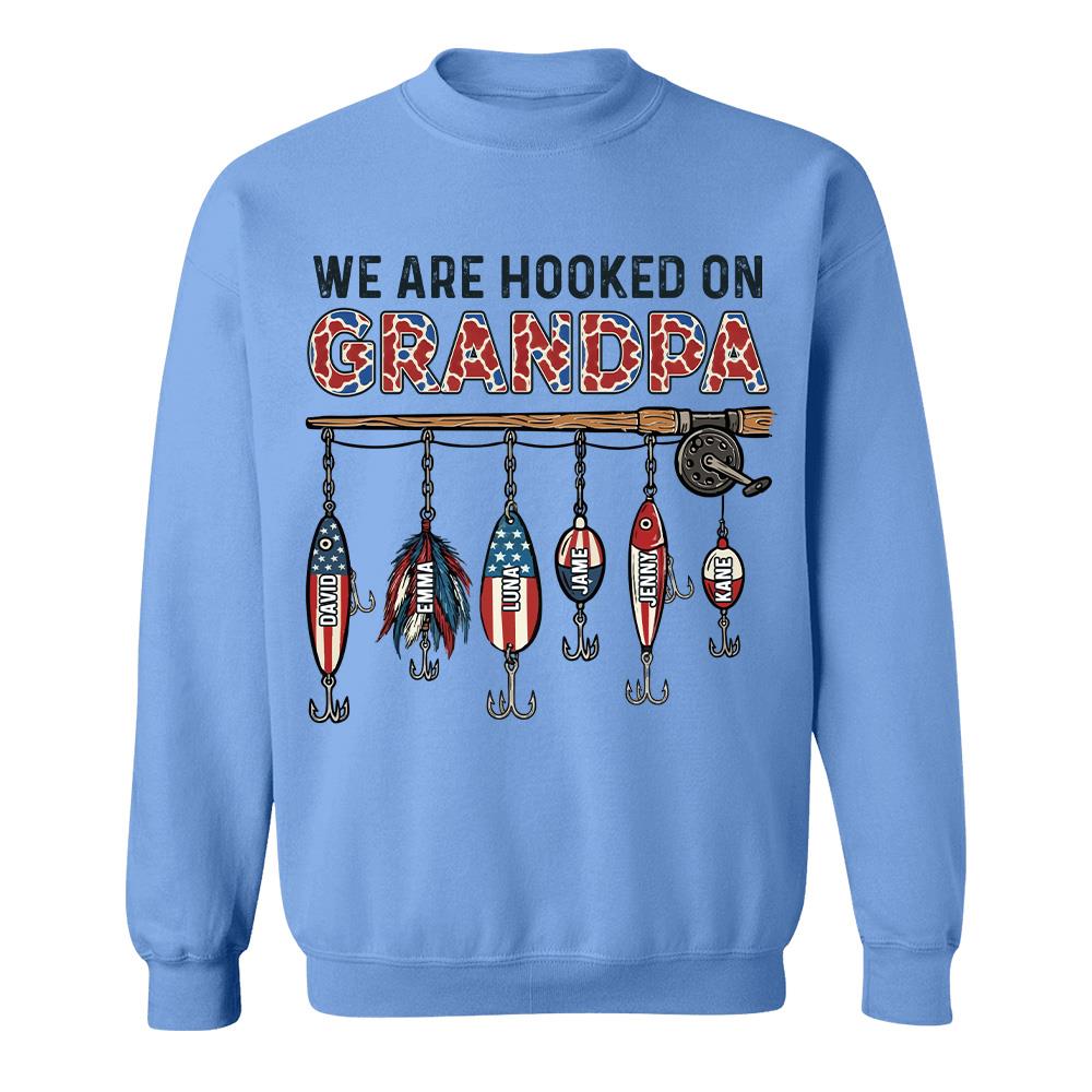 We Are Hooked On Grandpa Personalized Dad Grandpa Fishing Shirt, America 250th Anniversary, Father’s Day Gift for Grandpa Fisherman Na02 Hv01