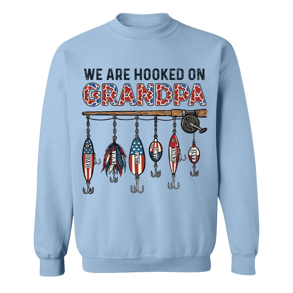 We Are Hooked On Grandpa Personalized Dad Grandpa Fishing Shirt, America 250th Anniversary, Father’s Day Gift for Grandpa Fisherman Na02 Hv01