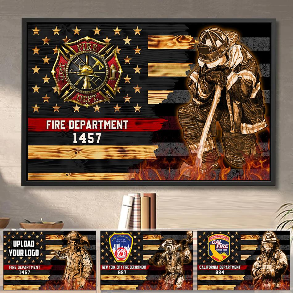 Half Thin Red Line Bunker Gear With Unit Number & Name, Personalized Firefighter Canvas Print, K1702 Trhn