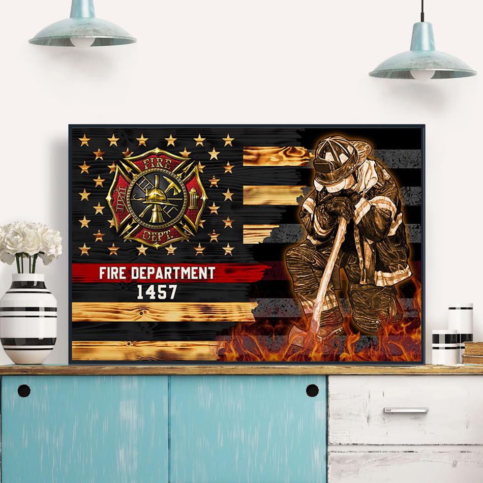 Half Thin Red Line Bunker Gear With Unit Number & Name, Personalized Firefighter Canvas Print, K1702 Trhn
