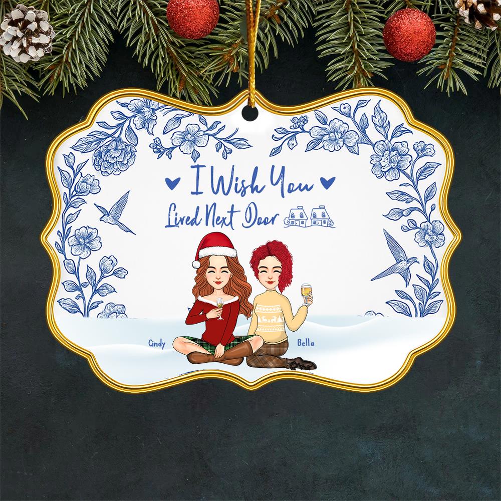 Personalized Toile De Jouy Style Acrylic Medallion Ornament - I Wish You Lived Next Door Gift For Family Besties, Best Friends