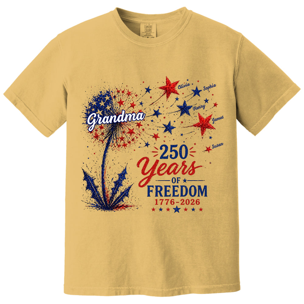 Custom Grandma Patriotic Dandelion 250th Anniversary Tee - Personalized Wild Flowers USA Flag 250 Years Of Freedom Shirt Gift for Grandma VH01