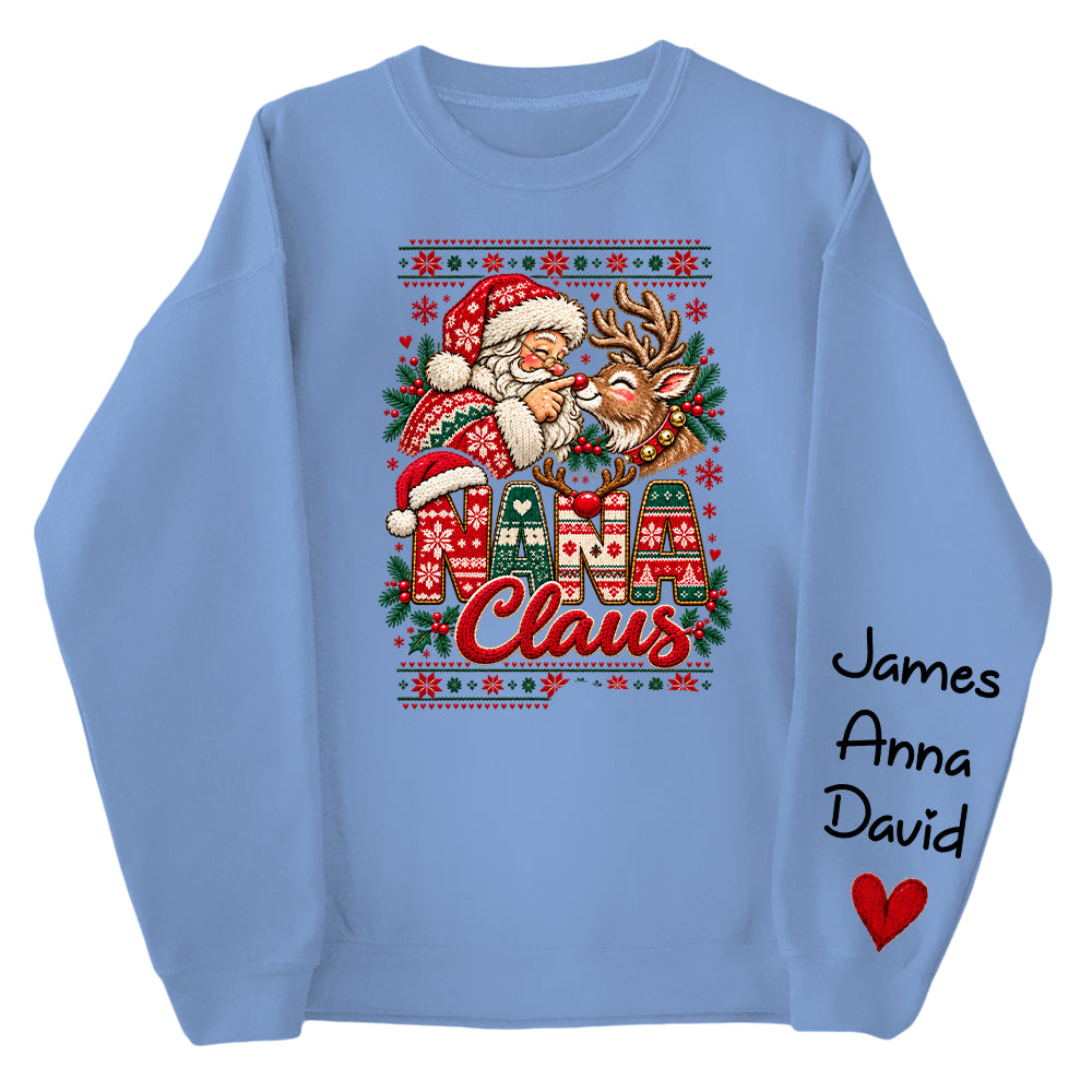 Custom Nana Claus Sweatshirt with Grandkids Names, Personalized Christmas Sweater, Cute Santa and Reindeer Holiday Crewneck C2408 Nh00 KL07