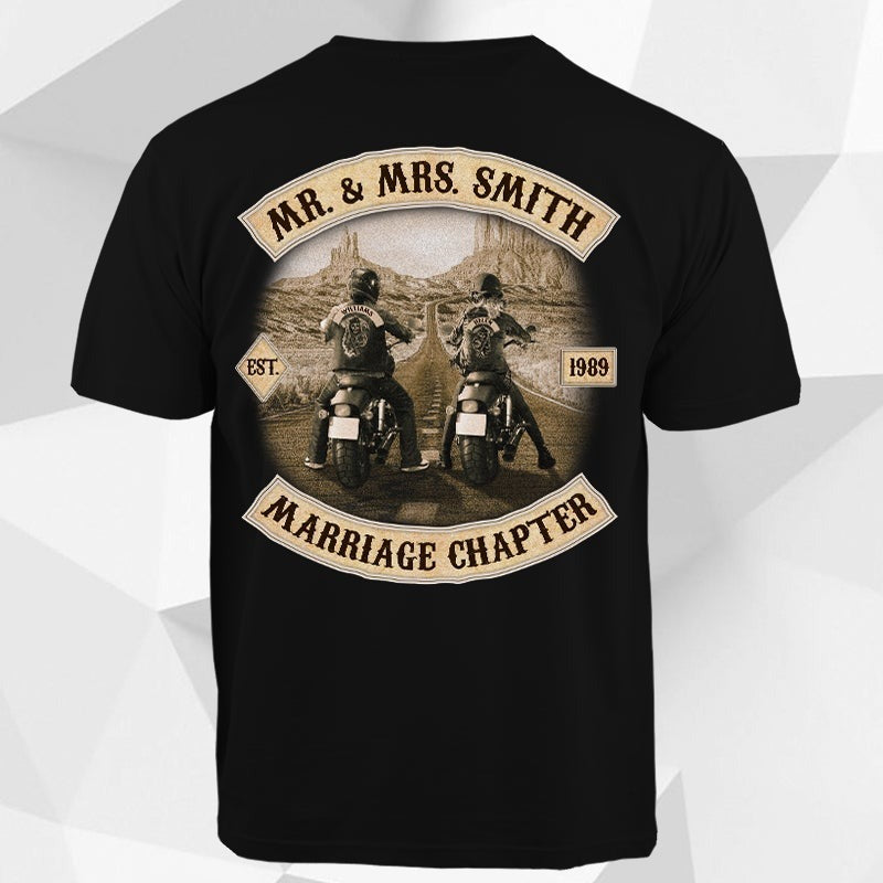 Personalized Mr And Mrs Last Name Marriage Chapter Motor Biker Shirt For Biker Couple
