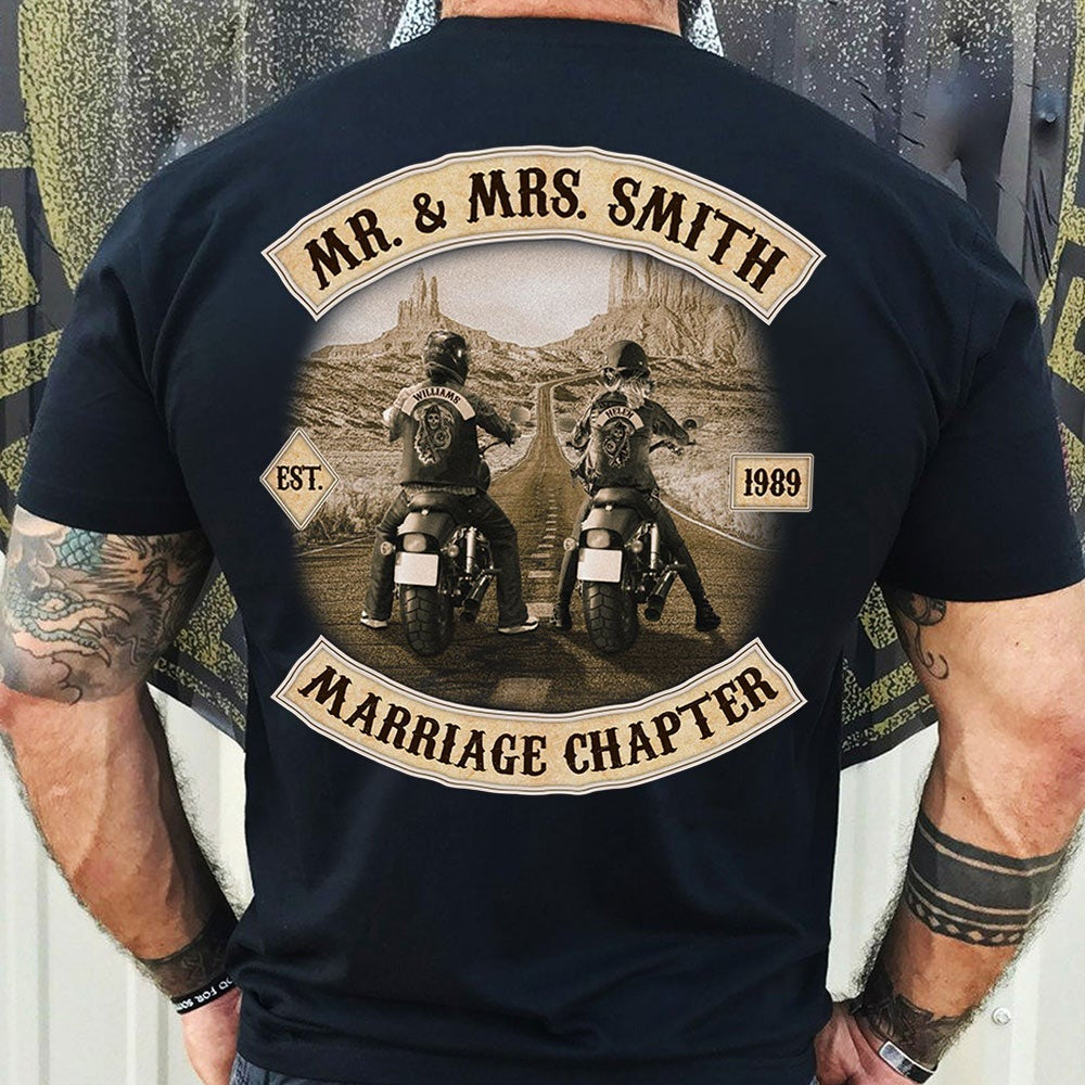Personalized Mr And Mrs Last Name Marriage Chapter Motor Biker Shirt For Biker Couple