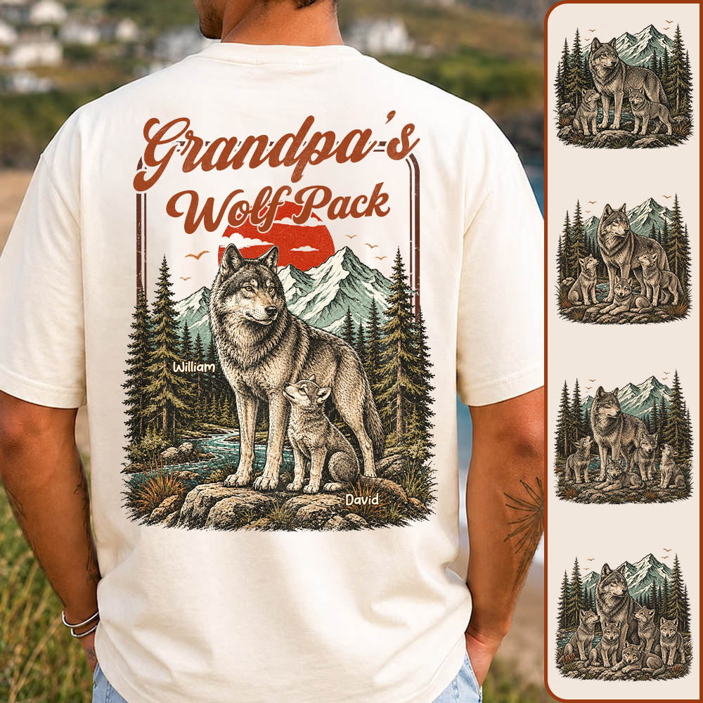 Personalized Grandpa Wolf Pack T-Shirt Father Day Gifts for Dad Funny Papa Tshirt Cool Daddy Wolf Vintage Retro Shirt for Men Pt99