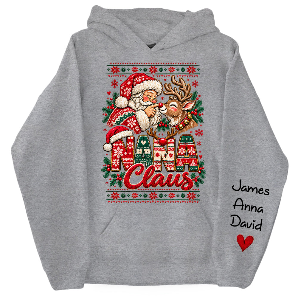 Custom Nana Claus Sweatshirt with Grandkids Names, Personalized Christmas Sweater, Cute Santa and Reindeer Holiday Crewneck C2408 Nh00 KL07