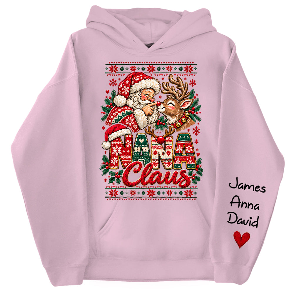 Custom Nana Claus Sweatshirt with Grandkids Names, Personalized Christmas Sweater, Cute Santa and Reindeer Holiday Crewneck C2408 Nh00 KL07