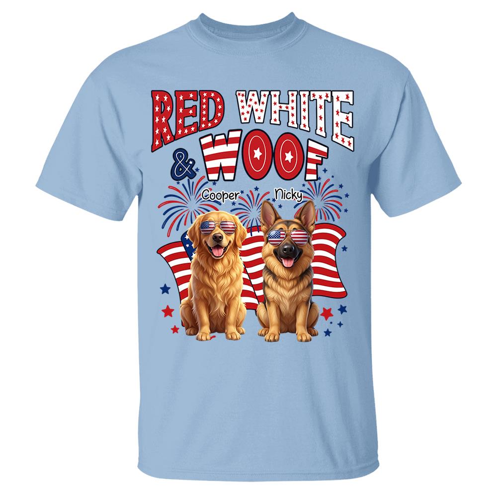 Red White Woof Personalized Shirt Patriotic American Flag Fireworks For Independence Day USA Custom Photo Dog Gift For Pet Lovers T1807 Nh00