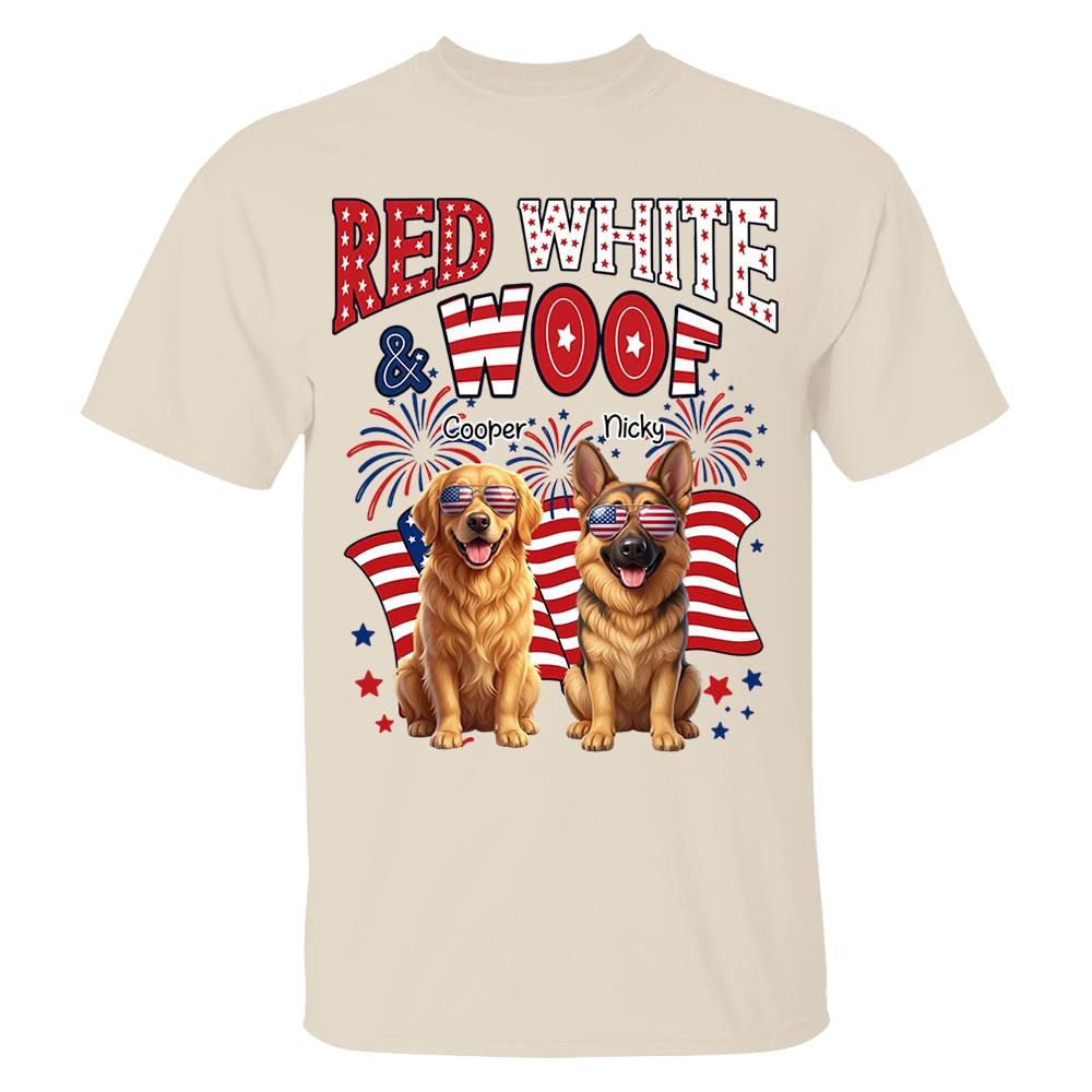 Red White Woof Personalized Shirt Patriotic American Flag Fireworks For Independence Day USA Custom Photo Dog Gift For Pet Lovers T1807 Nh00