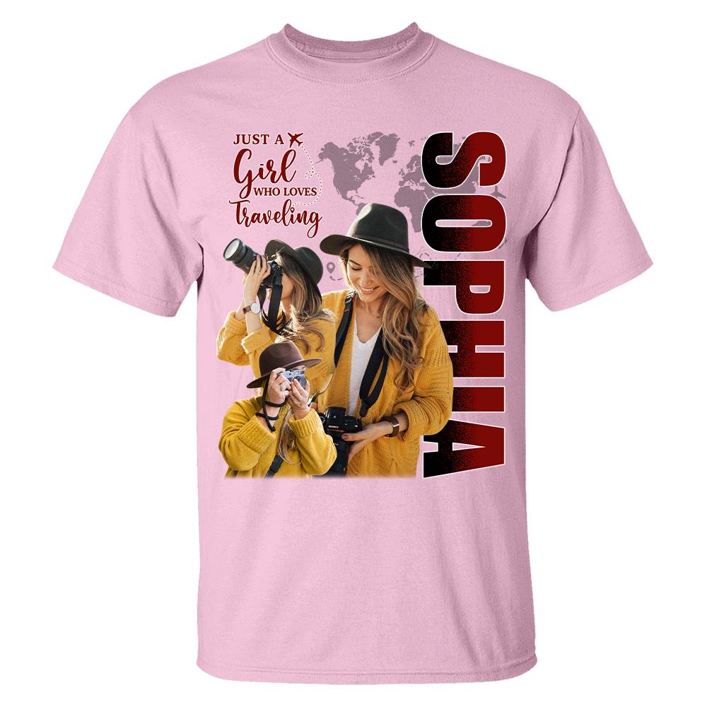 Just A Girl Who Loves Traveling – Custom Photo Vacation T-Shirt for Adventure Lovers Vr2 NA02 Hv01