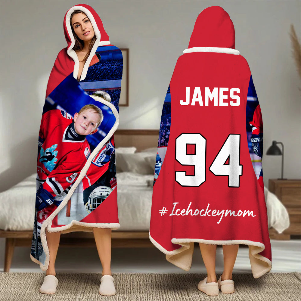 Custom Name & Photo Ice Hockey Mom - Personalized Photo Wearable Blanket Hoodie Tu20