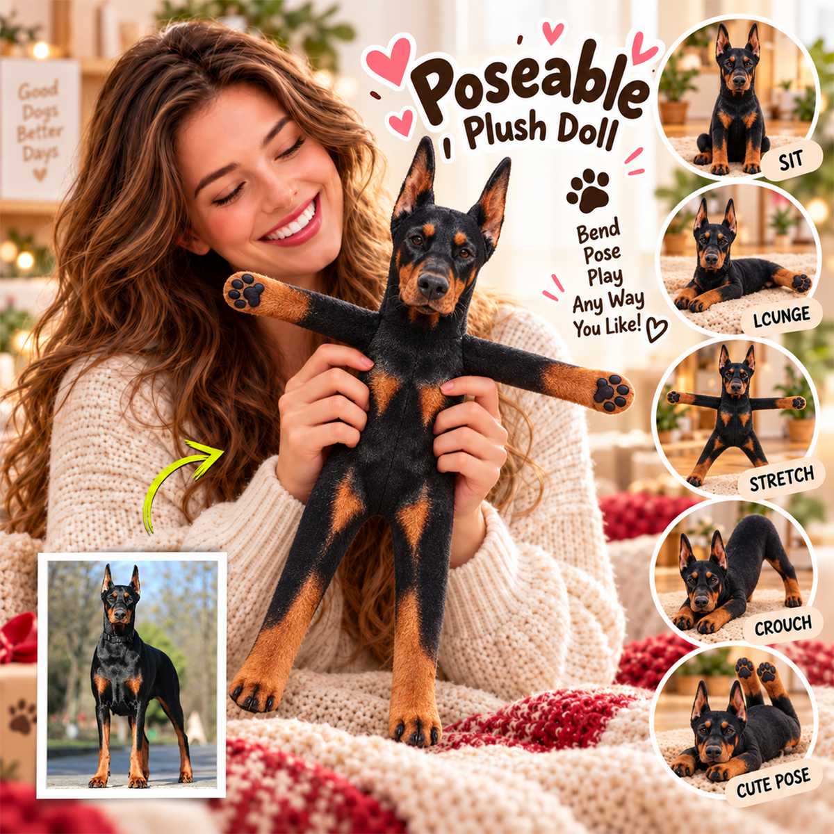 Personalized Doberman Photo Pet Squishy Toy Poseable Plush Doll, Funny Gift For Dog Mom, Dad, Pet Lover T1807 T24 TL06