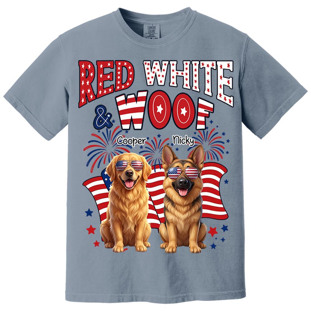 Red White Woof Personalized Shirt Patriotic American Flag Fireworks For Independence Day USA Custom Photo Dog Gift For Pet Lovers T1807 Nh00