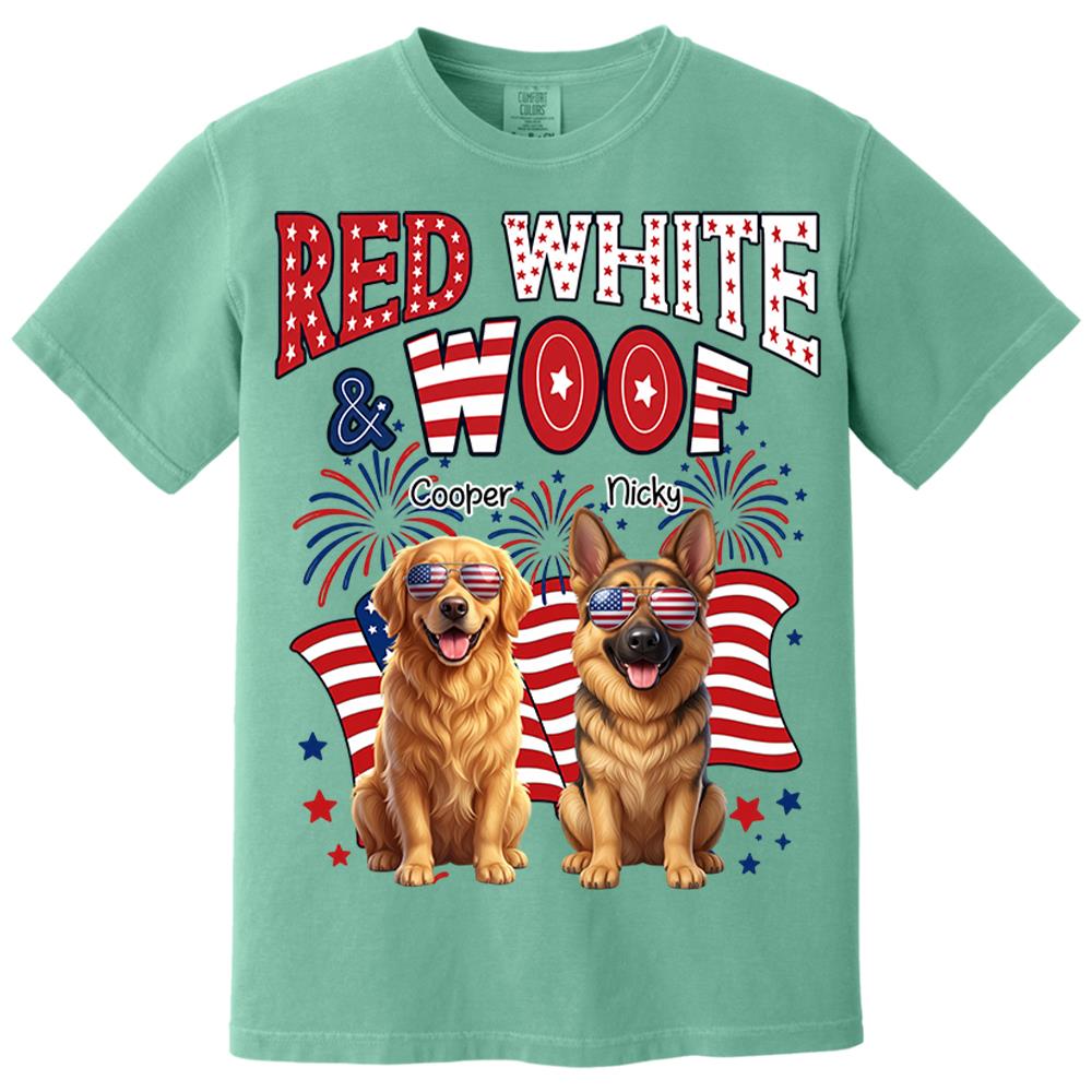 Red White Woof Personalized Shirt Patriotic American Flag Fireworks For Independence Day USA Custom Photo Dog Gift For Pet Lovers T1807 Nh00