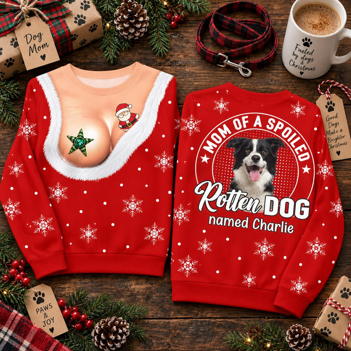 Personalized Funny Christmas All Over Print Shirts, Mom Of A Spoiled Rotten Dog, Custom Photo Dog Gift For Dog Lovers T1807 VH01