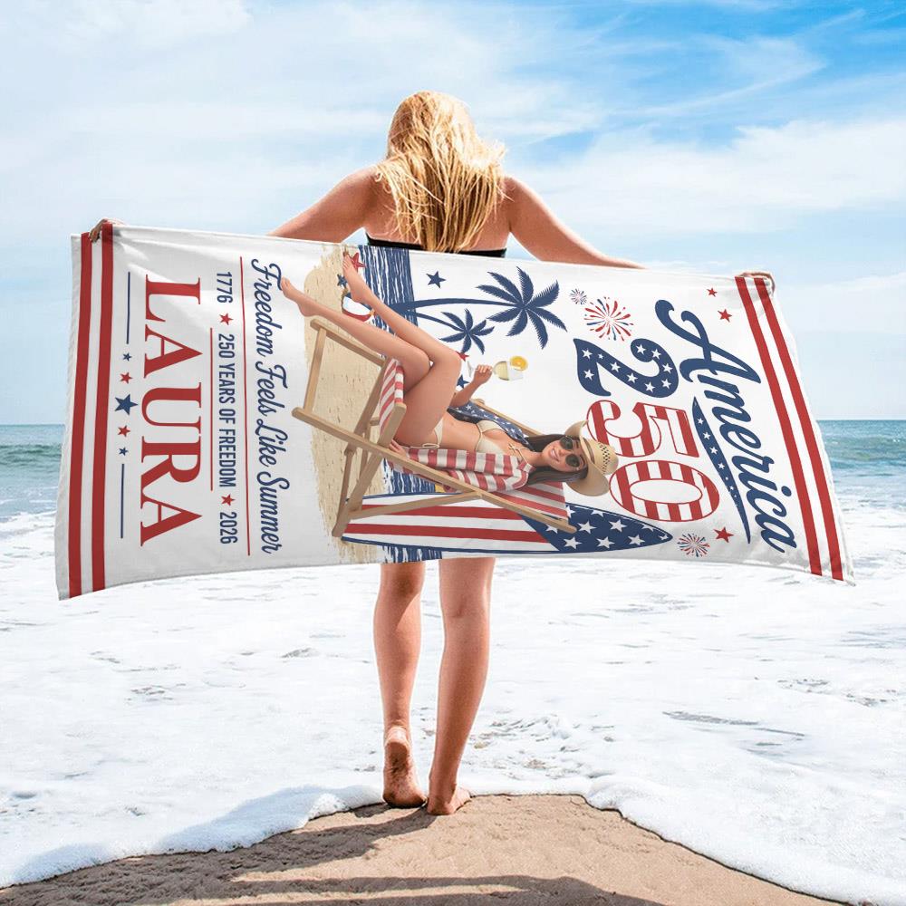 Custom Photo America 250 Beach Towel – Personalized Patriotic Summer Vacation Gift for Family | Born Free, Beach Bound | 250th Anniversary 1776–2026 Na02 Nh00