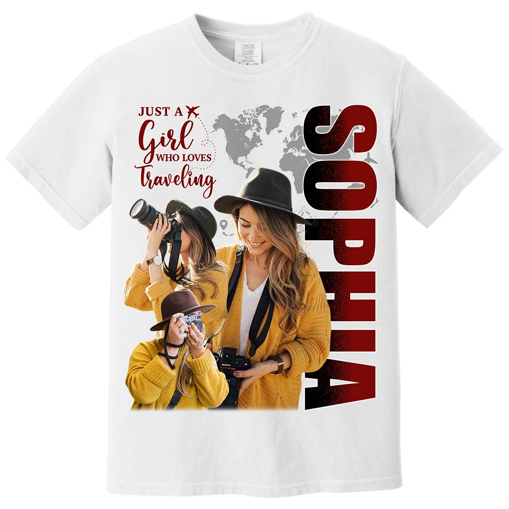 Just A Girl Who Loves Traveling – Custom Photo Vacation T-Shirt for Adventure Lovers Vr2 NA02 Hv01