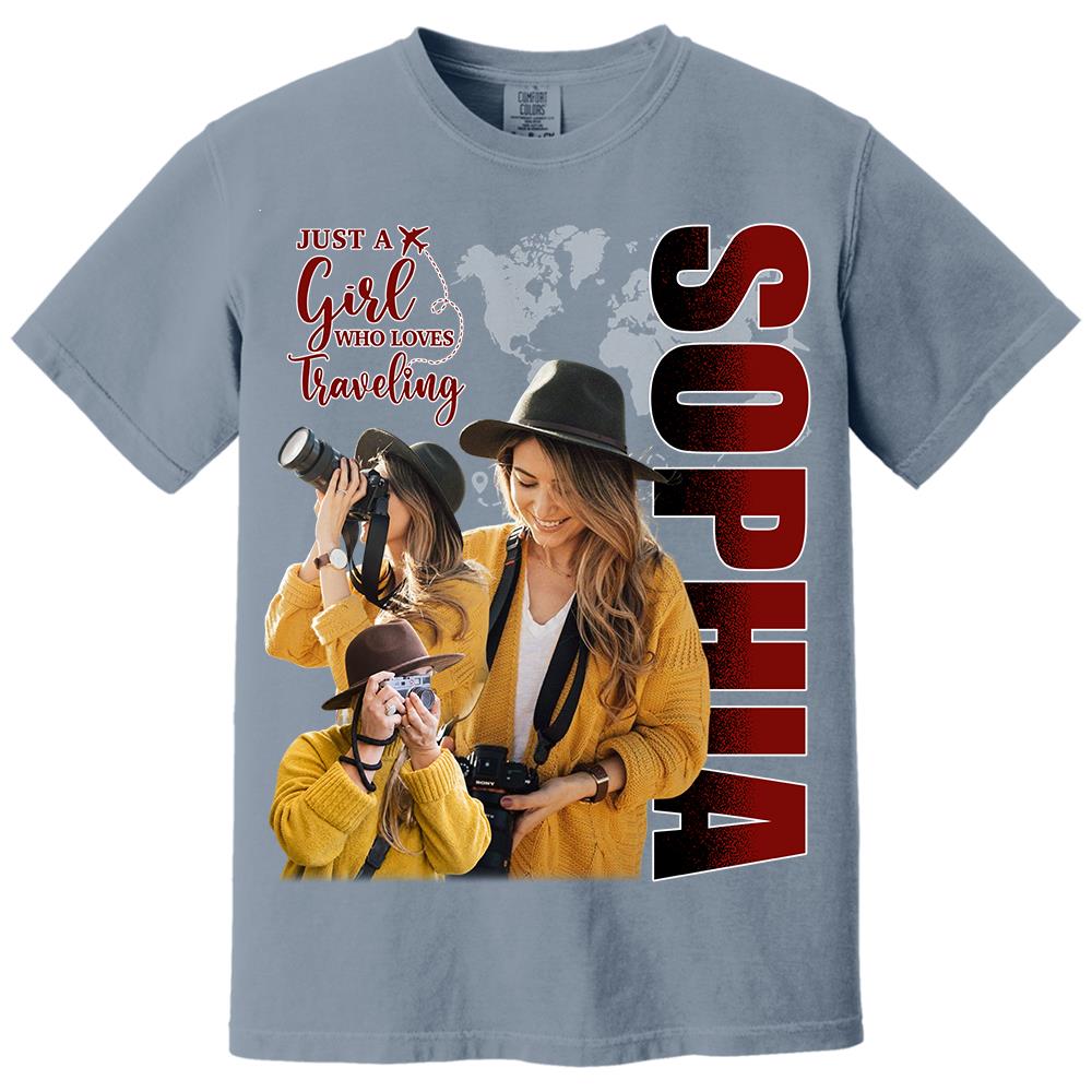 Just A Girl Who Loves Traveling – Custom Photo Vacation T-Shirt for Adventure Lovers Vr2 NA02 Hv01