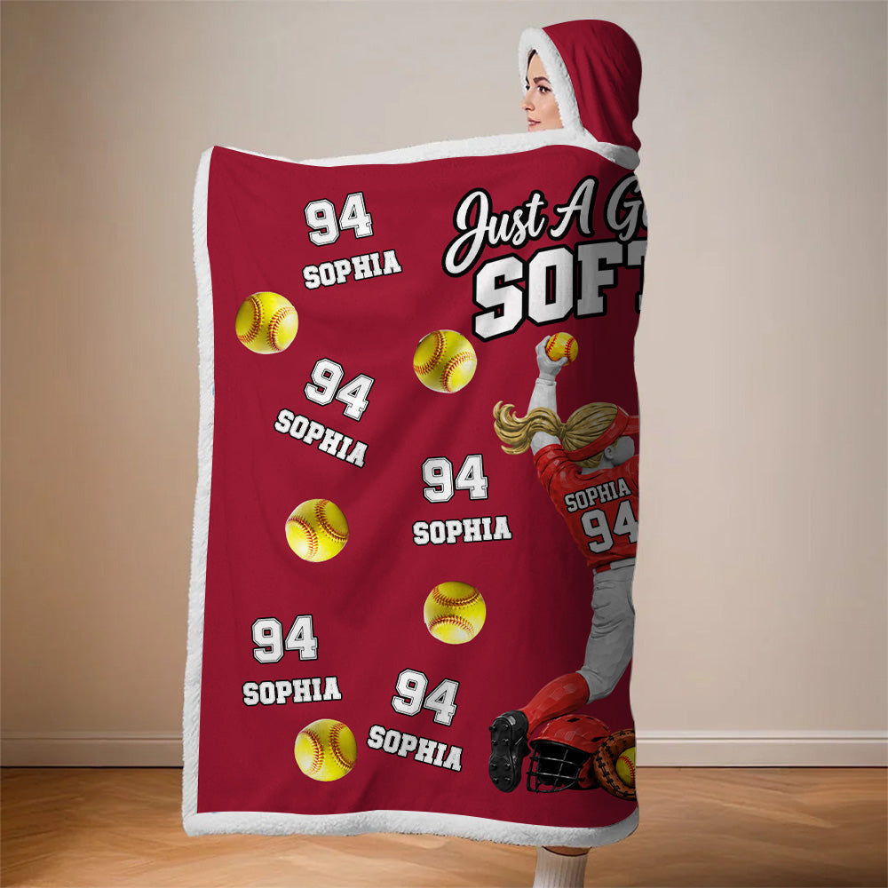Just A Girl Who Loves Softball, Personalized Softball Wearable Blanket Hoodie For Softball Lovers, Softball Players MI209 T24 NT01