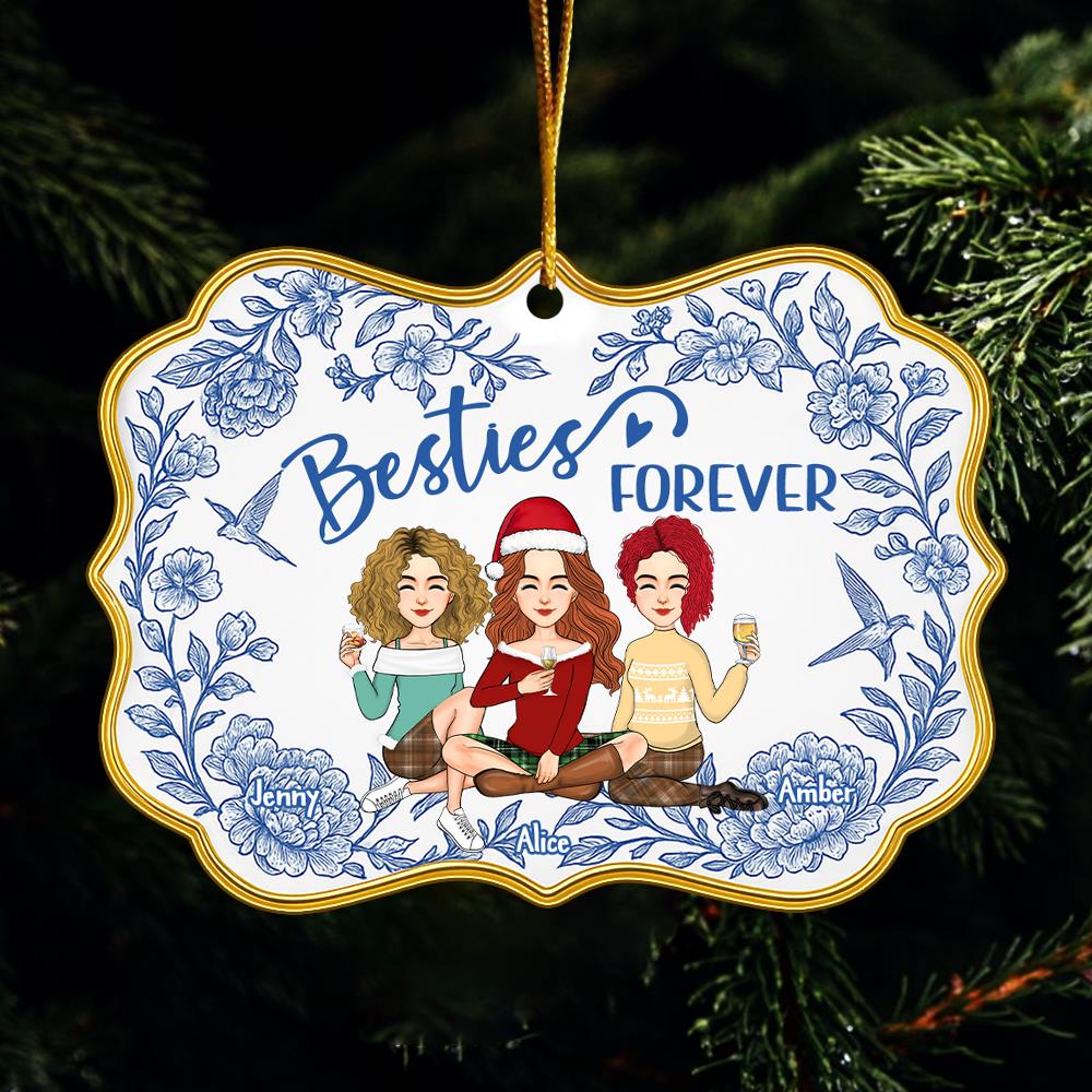 Besties Forever Personalized Toile De Jouy Style Acrylic Ornament Gift For Best Friends, BFF, Sisters Nh00