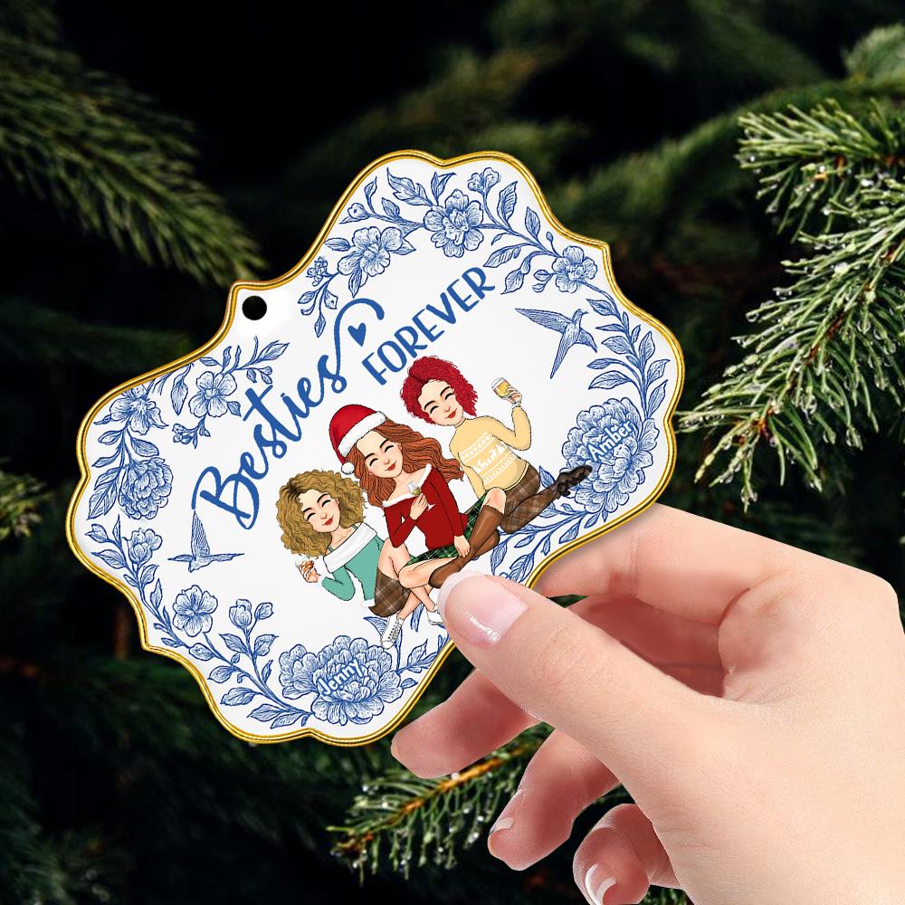 Besties Forever Personalized Toile De Jouy Style Acrylic Ornament Gift For Best Friends, BFF, Sisters Nh00