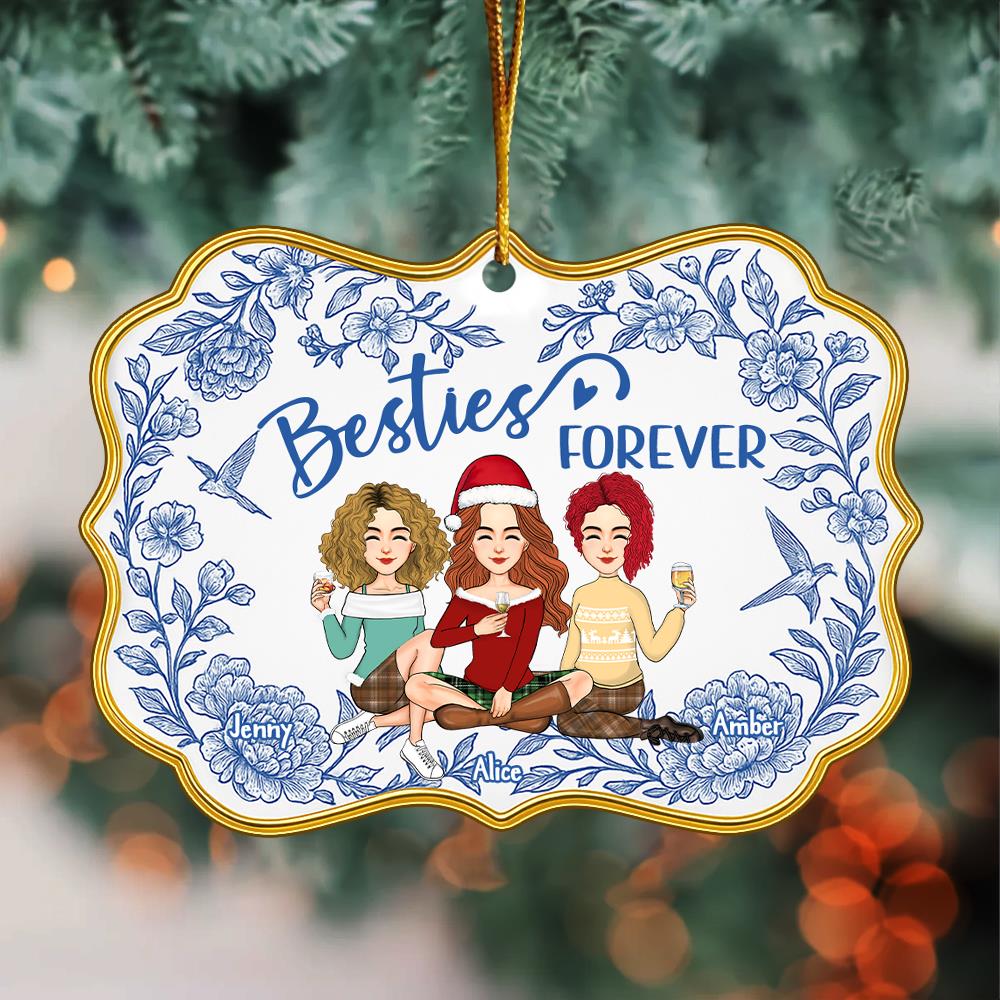 Besties Forever Personalized Toile De Jouy Style Acrylic Ornament Gift For Best Friends, BFF, Sisters Nh00