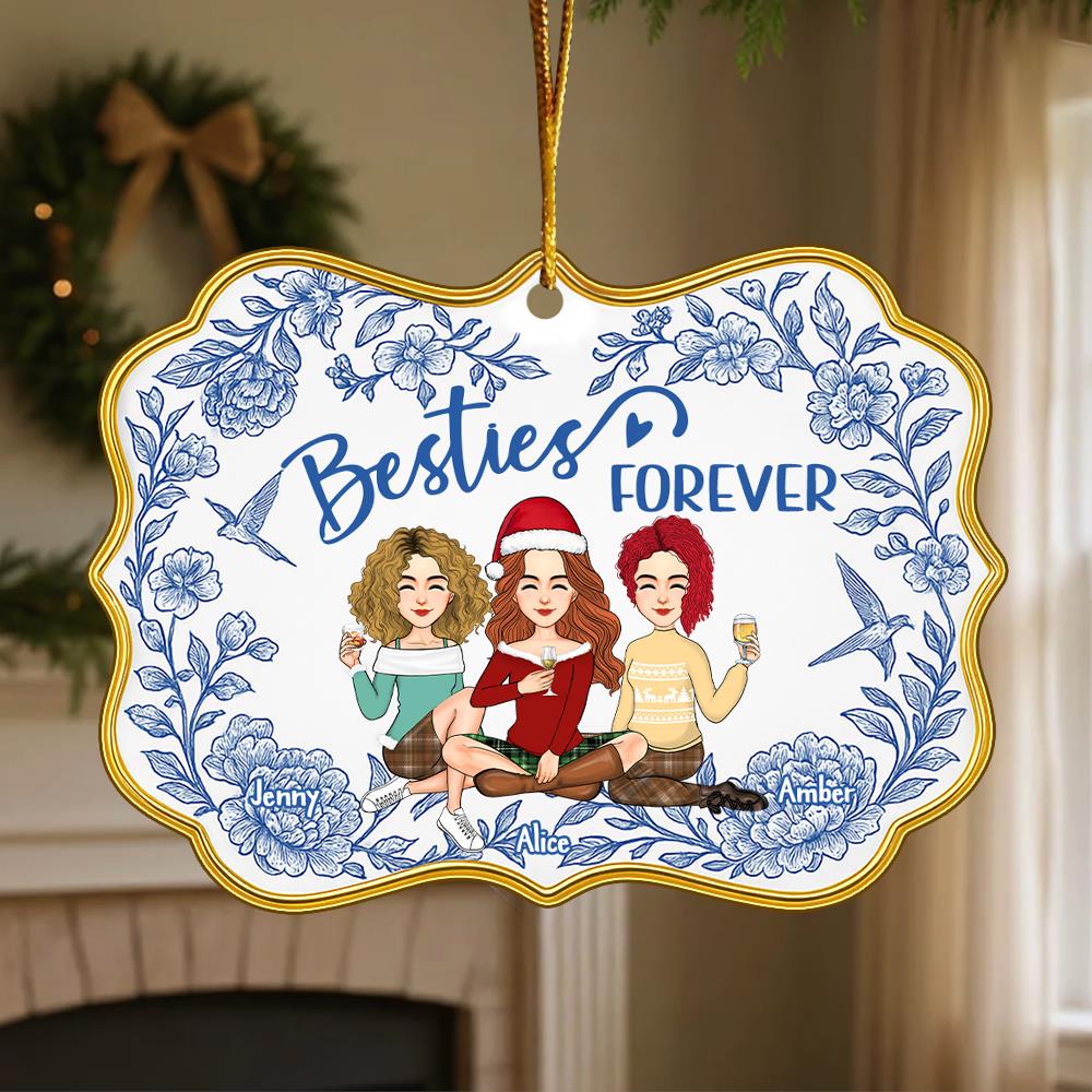 Besties Forever Personalized Toile De Jouy Style Acrylic Ornament Gift For Best Friends, BFF, Sisters Nh00