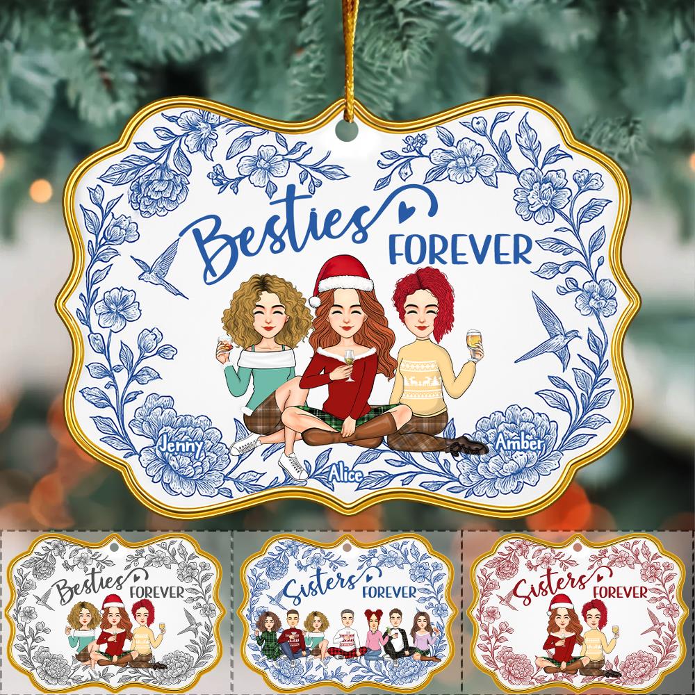 Besties Forever Personalized Toile De Jouy Style Acrylic Ornament Gift For Best Friends, BFF, Sisters Nh00