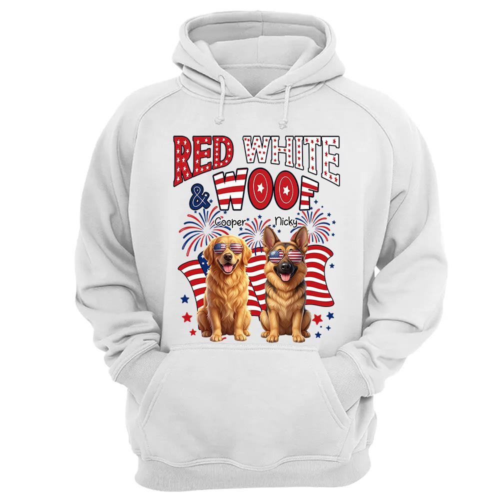 Red White Woof Personalized Shirt Patriotic American Flag Fireworks For Independence Day USA Custom Photo Dog Gift For Pet Lovers T1807 Nh00